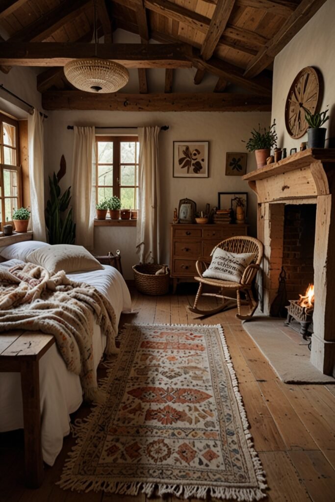 Boho bedroom with rustic charm, featuring vintage furniture, wooden beams, and layered textiles for a cozy, inviting atmosphere.