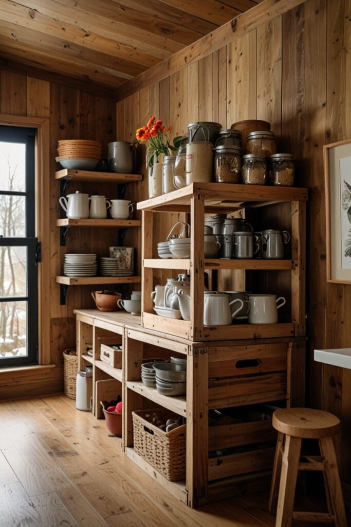 Budget-friendly cabin DIY decor project with wooden crate shelving.