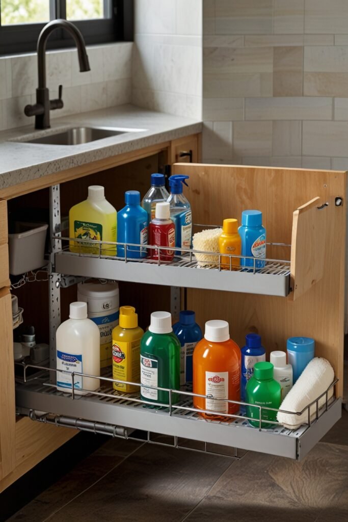 Under-sink pull-out organizer with cleaning supplies neatly stored.
