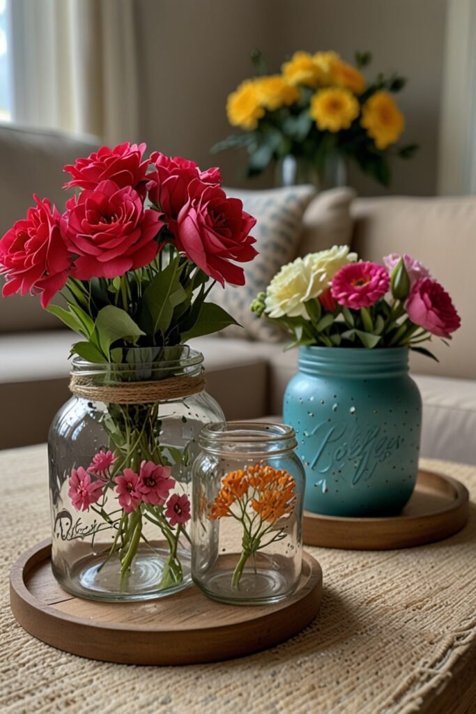 DIY upcycled glass jars as centerpieces with flowers, placed on a living room coffee table.