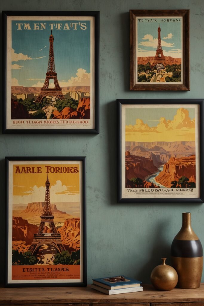 Vintage travel posters with landmarks hanging on a wall.