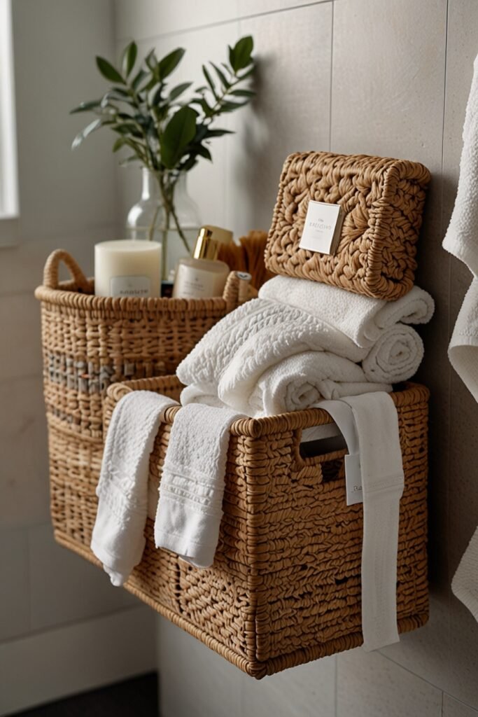 Woven storage baskets on a bathroom shelf.
