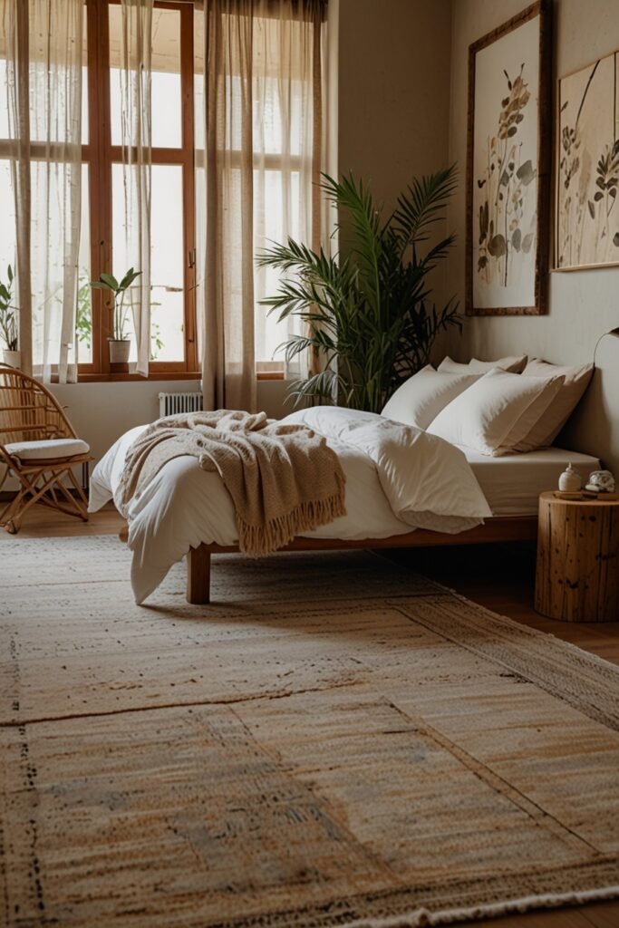 Boho bedroom with zen elements, including bamboo furniture, stone decor, and soft neutral tones, for a peaceful, tranquil atmosphere.