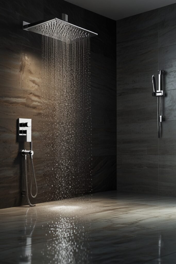 Rain showerhead in a bathroom creating a relaxing atmosphere.