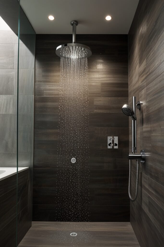 Multi-setting shower head in a spa-inspired shower.