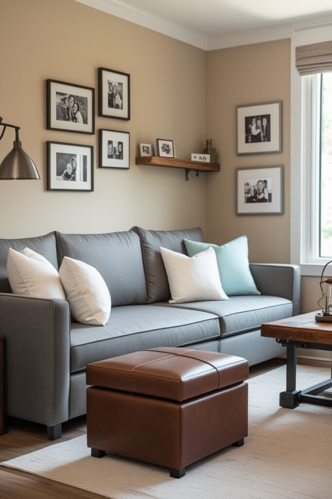 Multifunctional furniture in a small living room, including a sofa-bed and storage ottoman.
