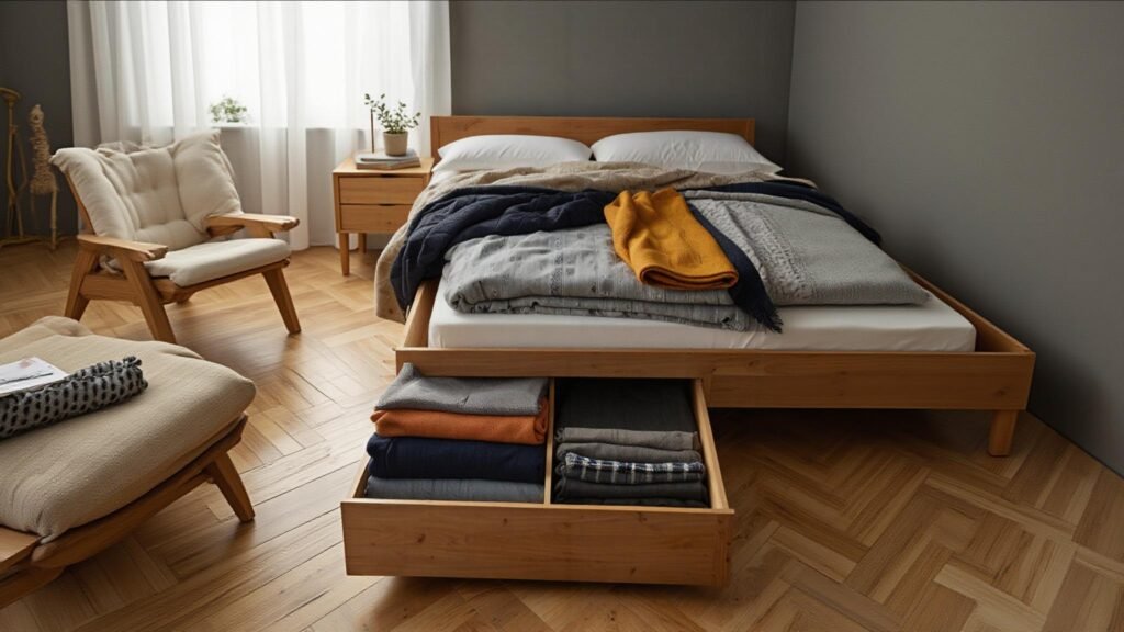 Bed with hidden storage drawers underneath, containing extra bedding and clothes.