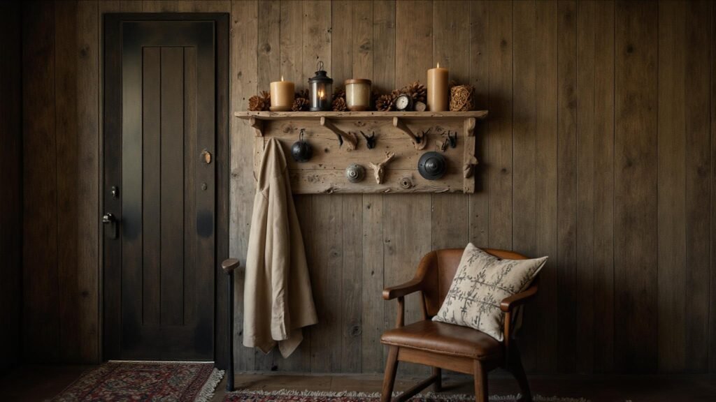 DIY cabin decor project with a driftwood coat rack.