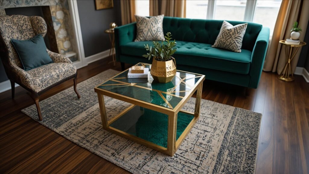 Art Deco-style coffee table with geometric metallic paint and bold colors.