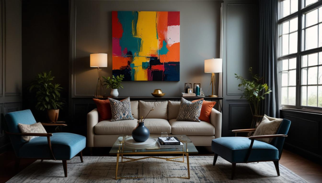 DIY canvas art hanging in a living room with a modern and colorful design.