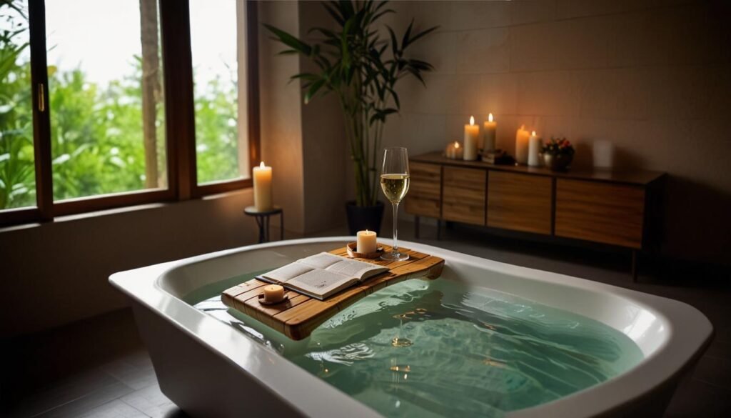 Bamboo bath tray with wine, candles, and a book on a bathtub.