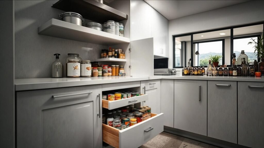 Pull-out pantry drawers with organized cans and spices in a modern kitchen.