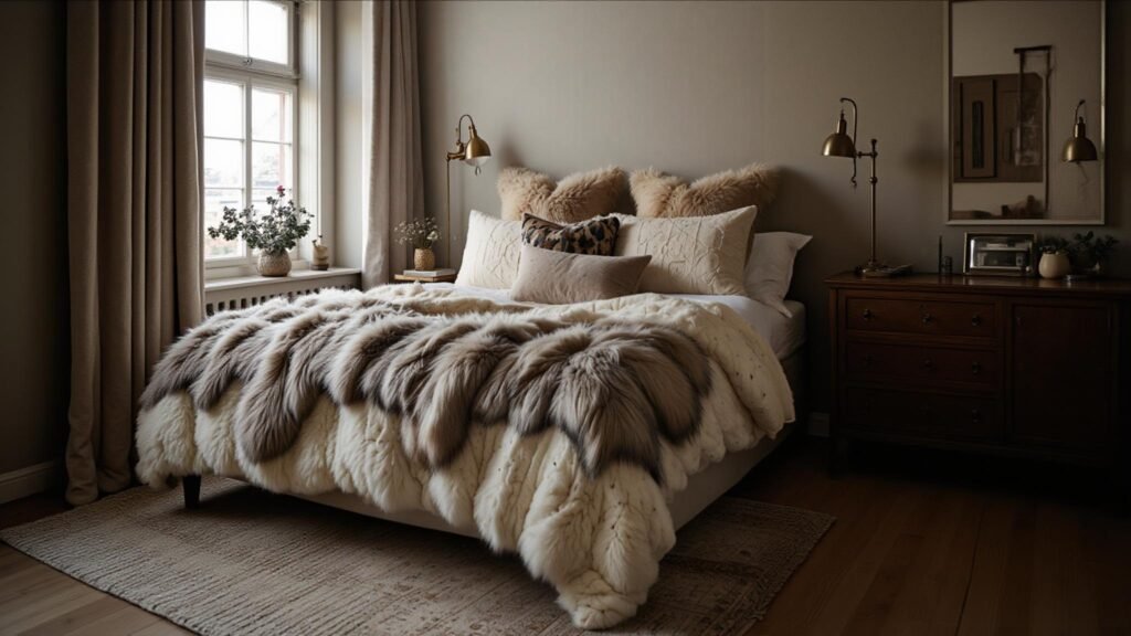 A bedroom bed styled with a faux fur throw and decorative cushions for added warmth and texture.