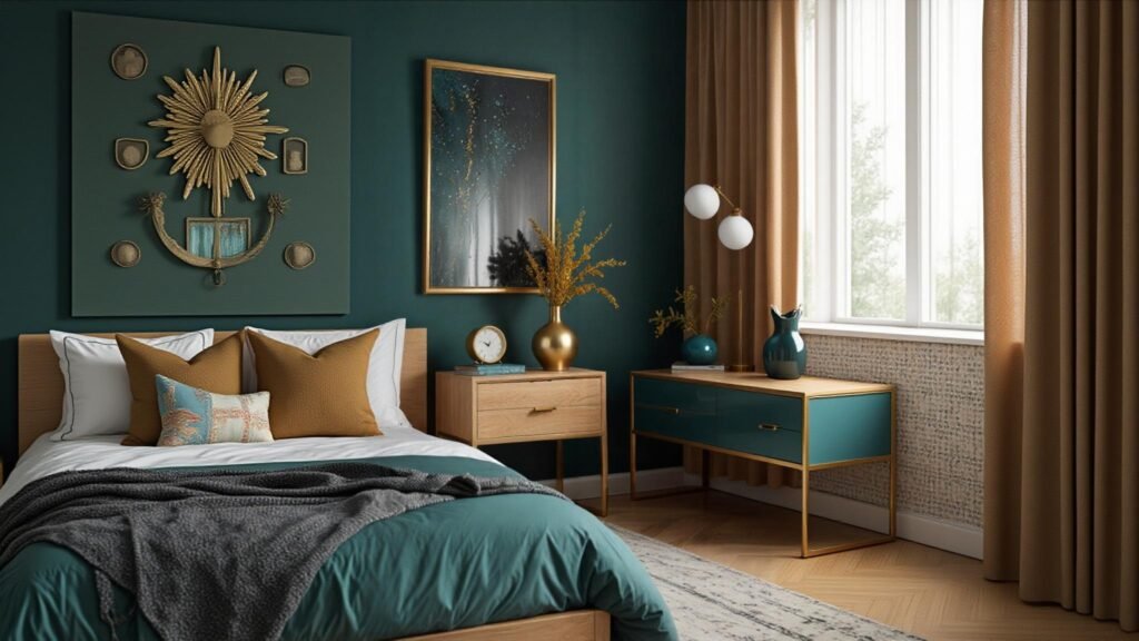 A bedroom featuring teal walls with light wood furniture and gold accents for a bold and stylish feel.