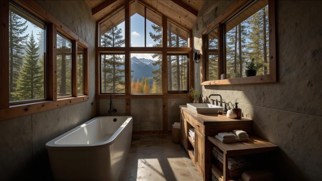 Mountain cabin bathroom with large windows bringing natural light and outdoor views inside.