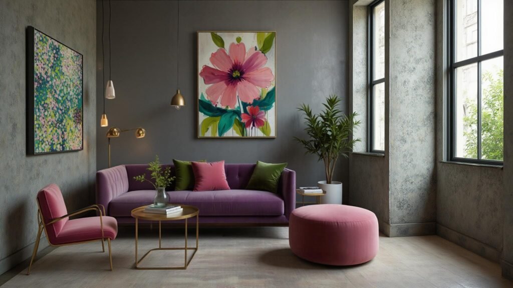 Abstract floral art with bright colors on a living room wall.