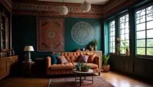 DIY colorful wall stencils in a boho living room, creating bold and vibrant accents.