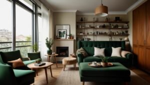 Living room with forest green accents and cream walls, creating a nature-inspired Scandinavian ambiance.