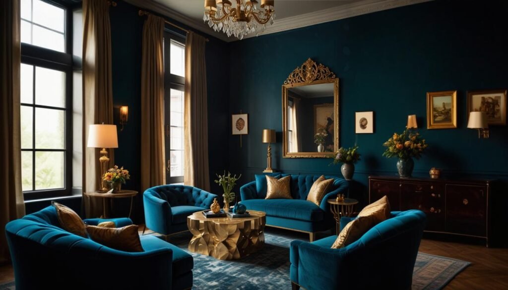 Living room with peacock blue walls and golden décor.