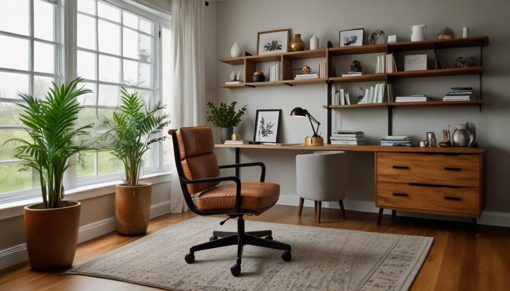 Home office with an ergonomic chair and minimalist desk setup.