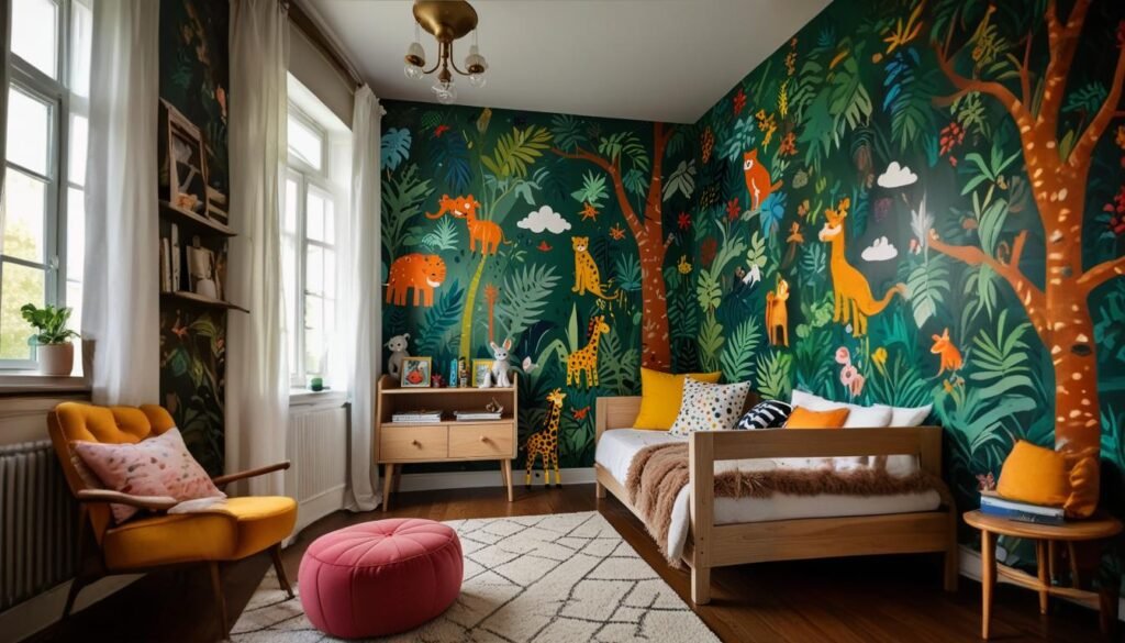 Whimsical kids room with a jungle mural and colorful furniture.